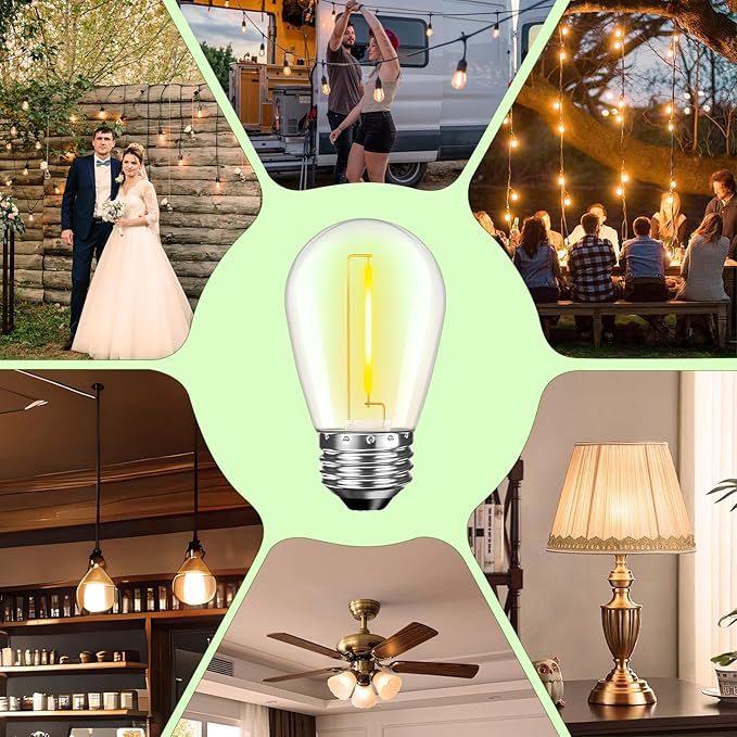 LED S14 Replacement Light Bulbs for Outdoor String Lights, 1W Shatterproof Edison Light Bulbs for Outside Patio Garden, E26 Standard Base, Dimmable, 2200K Warm White, 15 Pack GvvooHome