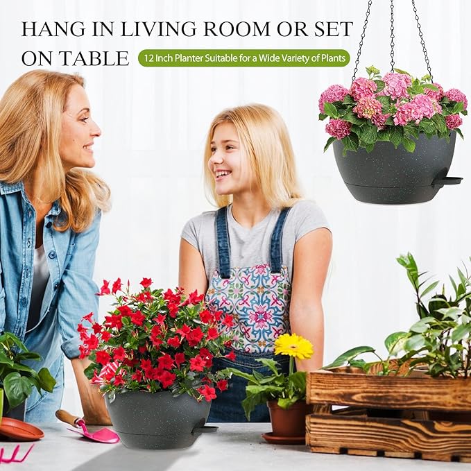 12 Inch Hanging Baskets 2 PC with Chains, Self-Watering Hanging Planters for Indoor Outdoor Plants, Plastic Hanging Flower Pots, Black with Green Speckles SQKH