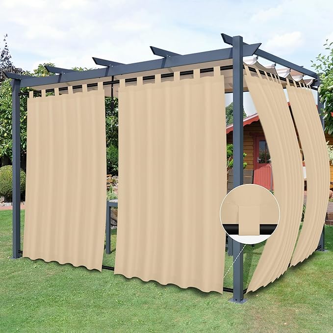 Easy-Going Outdoor Patio Curtains Detachable Tab Top Windproof Weatherproof Curtain for Cabana, Porch, Pergola and Gazebo, Tab Bottom Drape, 2 Panels, 54W x 120L inch, Beige Easy-Going