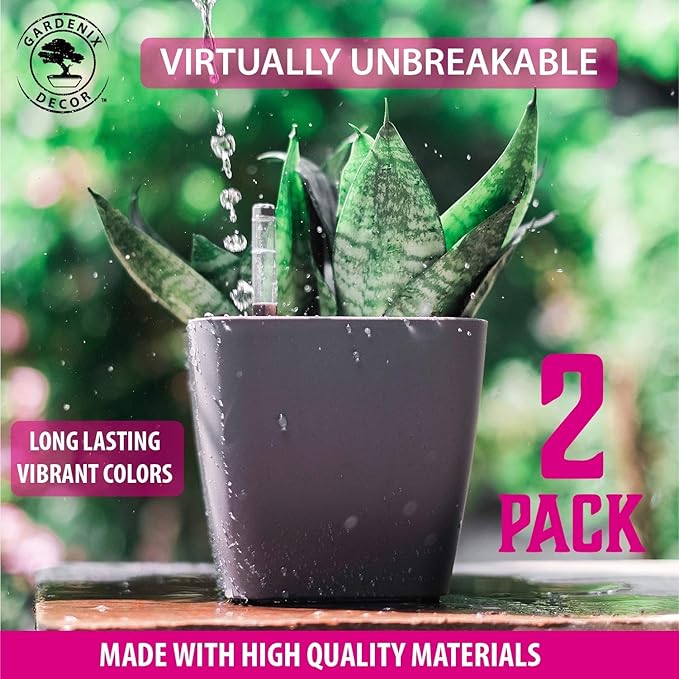 GARDENIX DECOR 5" Self Watering pots for Indoor Plants - Flower Pot with Water Level Indicator for Plants, Grow Tracking Tool - Self Watering Planter Plant Pot – 2 Pack Gray Rootora