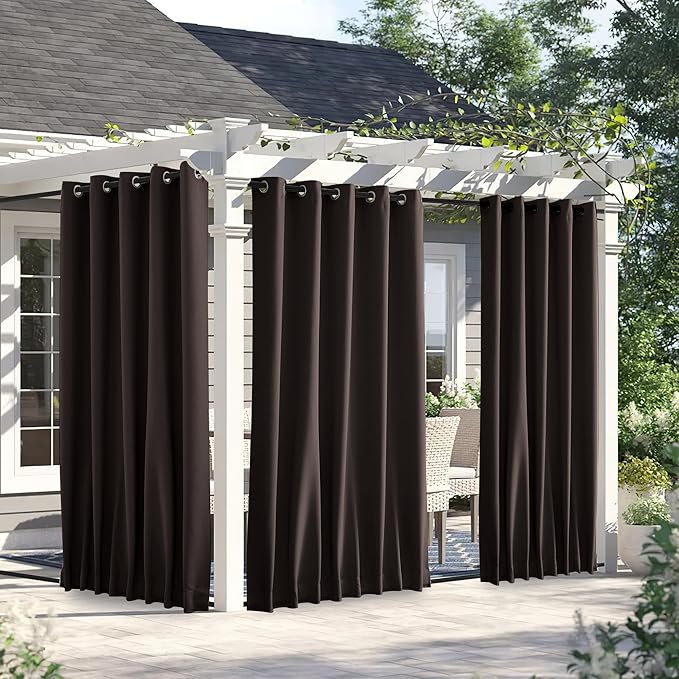 NICETOWN 2 Panels Weighted Outdoor Curtains for Patio Waterproof, Thermal Insulated Grommet & Back Tab on Top & Bottom Windproof Sun Blocking Draperies for Gazebo with Rope, Toffee Brown, W66 x L84 NICETOWN