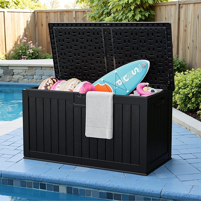 JUMMICO 250 Gallon Outdoor Resin Deck Box with Divider, Waterproof Storage Box with Lockable Lid&Side Handles for Garden Tools, Pools Supplies (Black) JUMMICO