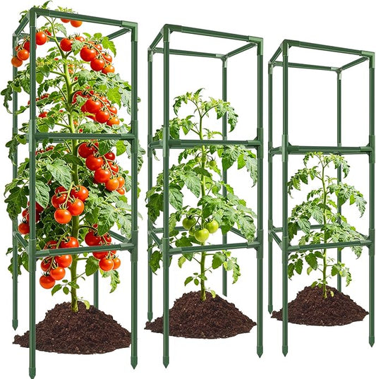 3 Pack Square Tomato Cages, 49'' Tall Heavy Duty Steel Tomato Trellis Kit for Garden, Plant Support Tower Stakes Cucumber Pepper Trellis for Climbing Vegetable Flowers Rootora
