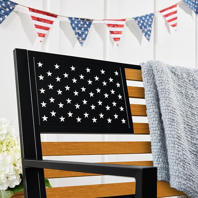 Best Choice Products Outdoor Bench 2-Person Steel Indoor/Outdoor Bench for Garden, Patio, Porch, Entryway w/American Flag, 790lb Capacity – Black/Wood BestChoiceProducts