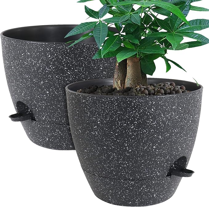 12inch 2Pack Large Self Watering Planters, Plastic Plant Pots with 60oZ Removable Deep Reservoir and Multi Mesh Drainage Holes for Indoor Outdoor Garden Plants and Flowers, Black Speckles UOUZ