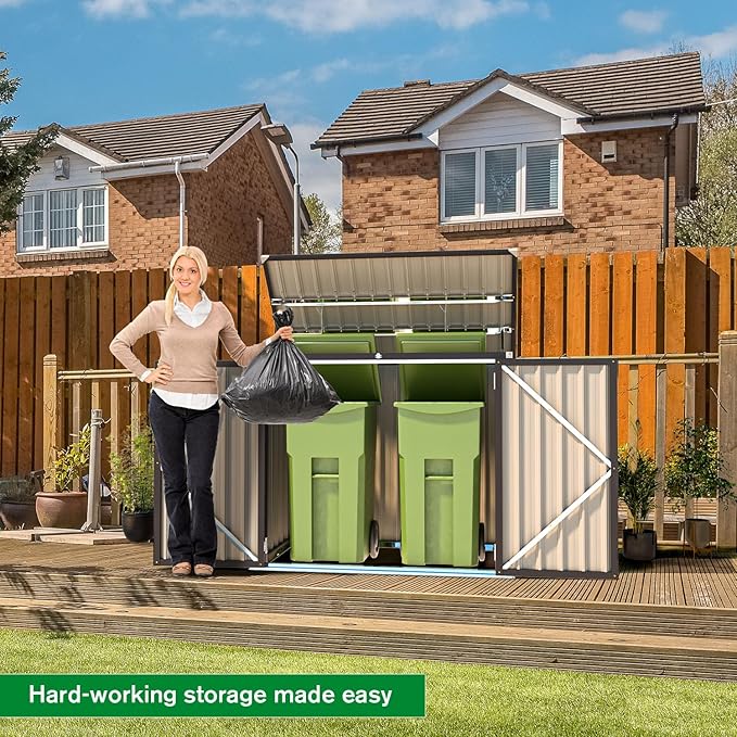 AECOJOY Outdoor Trash Can Storage, 46 Cu.Ft Outdoor Garbage Can Storage Shed, Horizontal Storage Cabinet Waterproof, Bicycle Sheds & Outdoor Storage Clearance in Brown AECOJOY