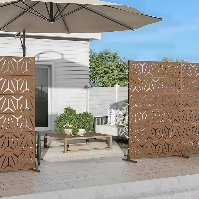Casaphoria Metal Privacy Screen Outdoor, 72" H x 47" W Freestanding Decorative Privacy Screen for Patio Deck Balcony Garden with Stable Base, Brown Star Casaphoria