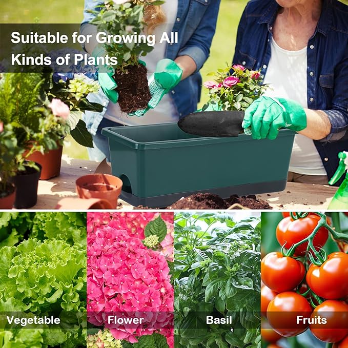 Window Box Planter 8 Pcs, 17 Inches Rectangle Flower Pots with Drainage Holes & Trays, Vegetable Planters for Windowsill Patio Garden Balcony Home Indoor Outdoor (Dark Green, 16 * 7 * 6 inch) Oliz