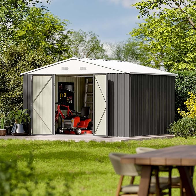 Patiowell 10 x 8 FT Outdoor Storage Shed, Large Garden Tool Metal Shed with Sloping Roof and Double Lockable Door, Outdoor Shed for Backyard Garden Patio Lawn,Grey Patiowell