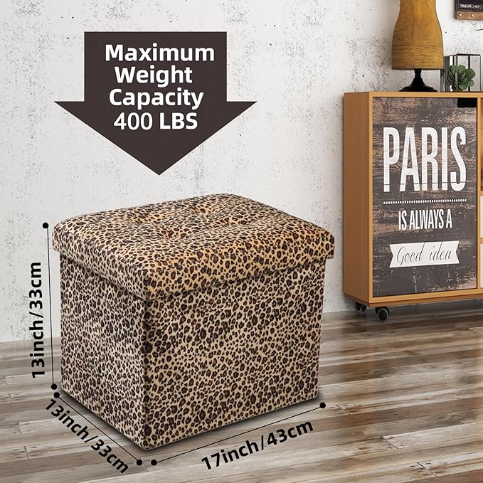 ALASDO Ottoman Storage Ottoman Footrest Stool Small Ottoman with Storage Foldable Ottoman Foot Rest Footstool Bench for Living Room 17x13x13inches Leopard Print ALASDO