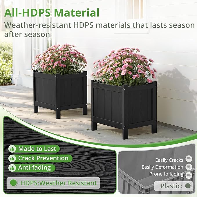LUE BONA Outdoor Plant Pots, 13.7" x 12.5" x 14.5" HDPS Flower Pots with Drainage Holes, Outdoor Planters Boxes for Outdoor Plants - Porch Patio, Garden or Entryway, Black LUEBONA