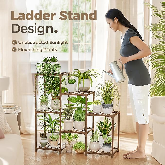 Bamworld Plant Stand Indoor Plant Shelf Outdoor Wood Plant Rack for Multiple Plants 3 Tiers Ladder Plant Holder for Living Room Patio Boho Home Decor for Gardening Bamworld