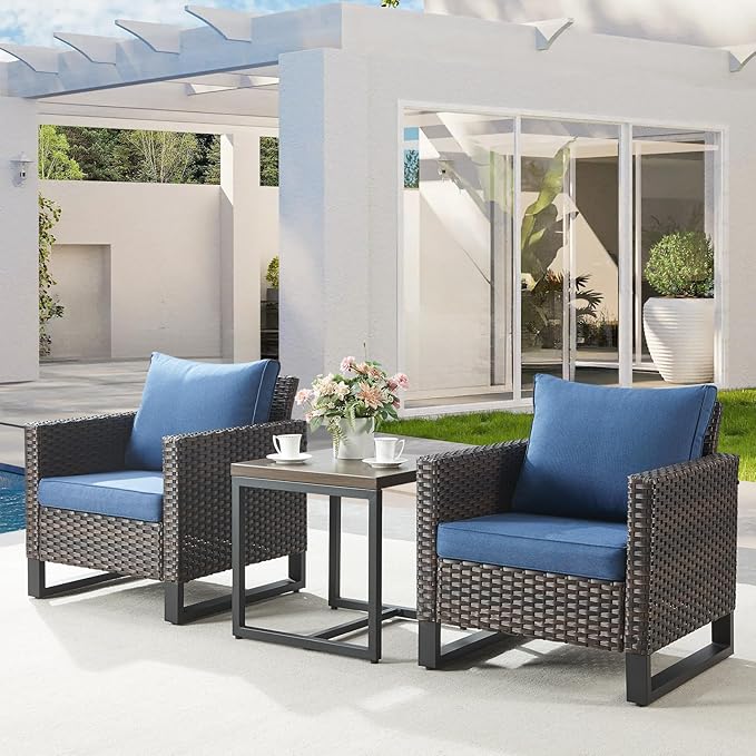 Belord Outdoor Bistro Set 3 Piece Outdoor Wicker Patio Chairs, Oversize Outdoor Rattan Seating Set, All-Weather Chairs Wicker Furniture with Metal Side Table and Removable Cushion for Outside Belord