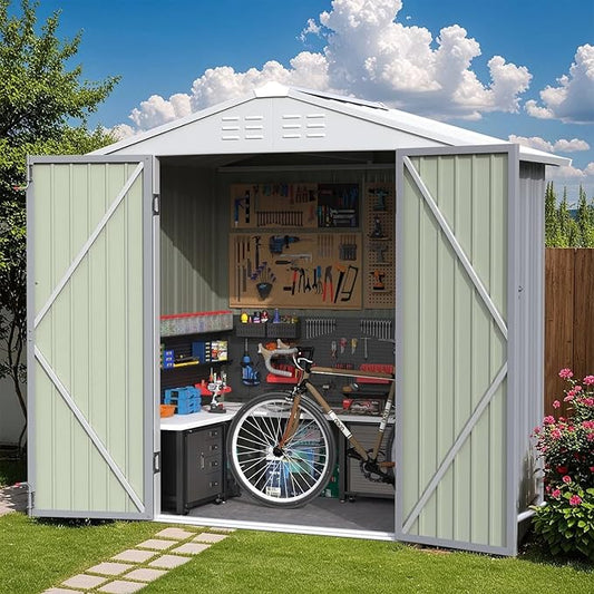 Greesum 6×4FT Outdoor Storage Shed, Metal Patio Storaged Sheds with Lockable Doors, Sheds & Outdoor Storage for Bike, Backyard, Pool and Garden, Gray BuynowfromGreesum