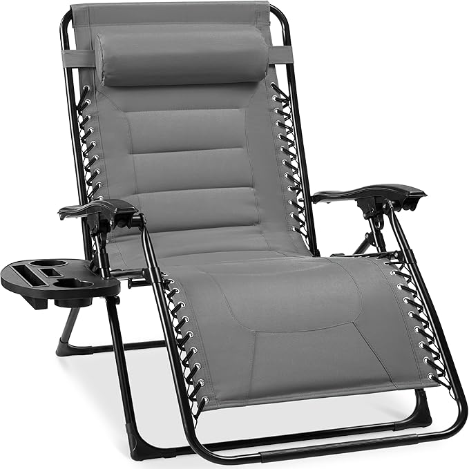 Best Choice Products Oversized Padded Zero Gravity Chair, Folding Outdoor Patio Recliner, XL Anti Gravity Lounger for Backyard w/Headrest, Cup Holder, Side Tray, Polyester Mesh - Ice Gray BestChoiceProducts