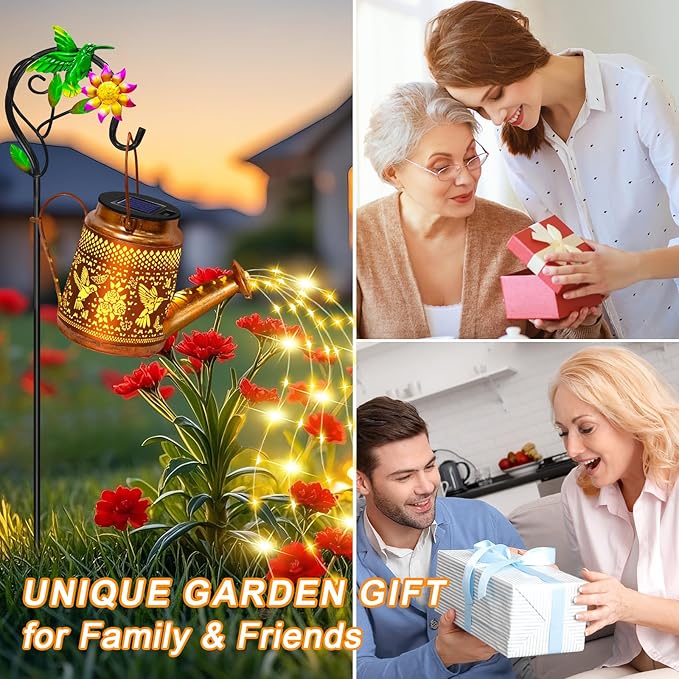 Solar Lights Outdoor Waterproof Garden Decor,Solar Watering Can Lights Hummingbird lanterns,Birthday Gifts for Mom Women,Decorative Outside Metal Hanging Fairy String Light for Yard Art Patio Porch EDOF