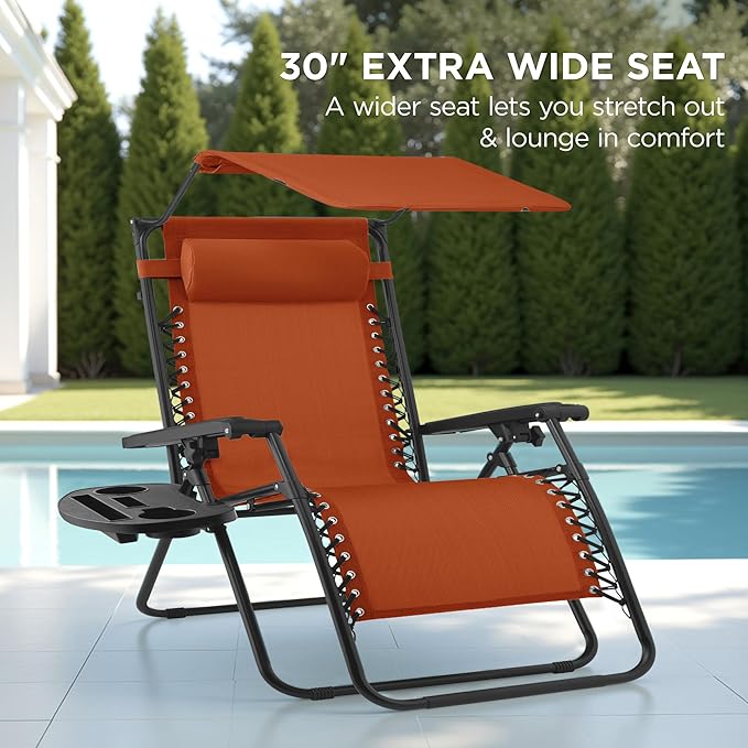 Best Choice Products 30” Wide Folding Zero Gravity Outdoor Recliner Patio Lounge Chair w/Adjustable Canopy Shade, Headrest, Side Accessory Tray - Burnt Orange BestChoiceProducts