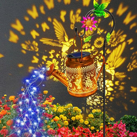 Solar Lanterns Outdoor Waterproof, Hummingbird Watering Can Garden Decor, Hanging Solar Path Lights Yard Art, Outside Patio Decoration Gardening Christmas Gift for Mom Grandma Women with Shepherd Hook YJFWAL