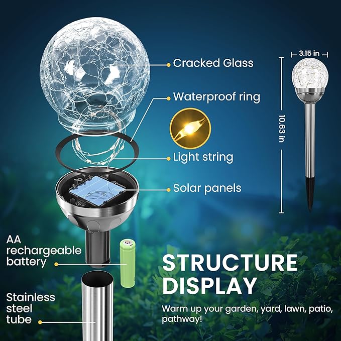 SOLPEX Solar Garden Lights String - 3 Pack Warm White, Solar Powered Cracked Glass Ball, Waterproof for Outdoor & Patio Decoration Solpex