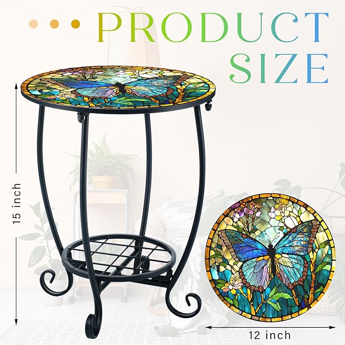 Outdoor Side Table Round Small Mosaic Patio Accent Indoor End Plant Coffee Tea Table for Yard Patio Porch Garden Living Room, Bedroom(Butterfly Style,12 Inch) Cinnvoice
