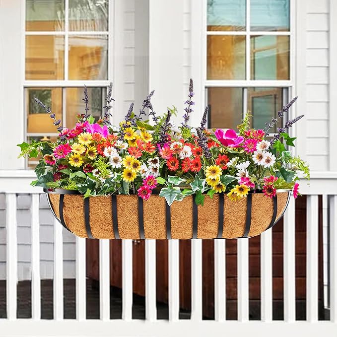 4pcs 30" Window Box Deck Railing Planter with Coco Liner, Metal Hanging Flower Planter Window Basket, Wall Planters Boxes with Horse Trough Coco Liner for Outdoor Indoor Balcony Porch Fence LAWYAMAI
