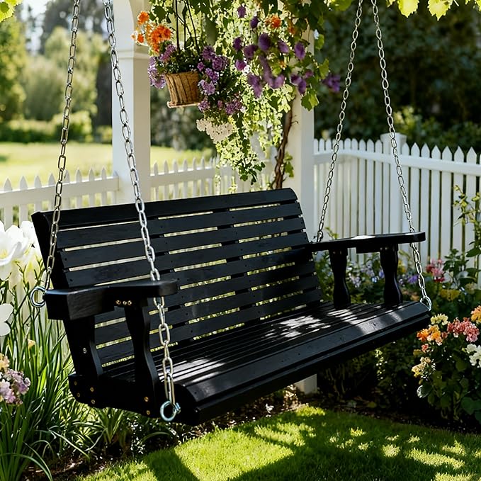 Wooden Porch Swing 3-Seater, High Backrest and Deep Seat, Bench Swing with Cupholders, Hanging Chains and 7mm Springs, Heavy Duty 880 LBS, for Outdoor Patio Garden (Carbon Black, 5 FT Extra Large) FortuneCandy