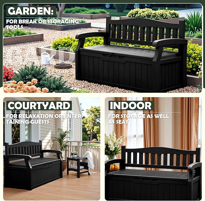 Flamaker 80 Gallon Storage Bench Outdoor Indoor, Durable All-Weather Seating with Hidden Storage, Lockable Deck Box for Garden, Patio, Poolside (Black) Flamaker