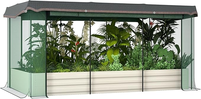 Outsunny 7.3 x 3.4 x 1 ft Galvanized Raised Garden Bed with Crop Cage Plant Protection Net and Shade Cloth Roof, Metal Planter Box with Cover for Vegetables, Flowers, Herbs, Beige Outsunny