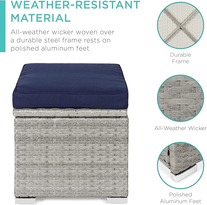 Best Choice Products Set of 2 Wicker Ottomans, Multipurpose Outdoor Furniture for Patio, Backyard, Additional Seating, Footrest, Side Table w/Storage, Removable Cushions - Gray/Navy BestChoiceProducts