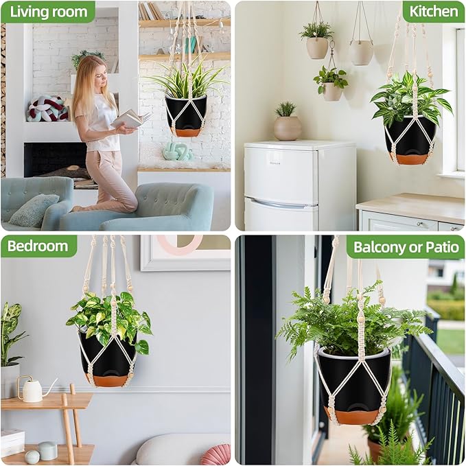 2-Pack 7.2-Inch Self-Watering Hanging Planters for Indoor & Outdoor Plants,34-Inch macrame hanger plant pots indoor with drainage,Small Hanging Planters & Baskets in Black,With two sets of hooks QCQHDU