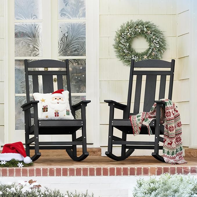 LUE BONA Outdoor Rocking Chairs Set of 2, Weather Resistant Poly Plastic Rocker, 350lb Heavy Duty, Oversized Porch Rocker for Adult, High Back Smooth for Outdoor & Indoor, Black LUEBONA