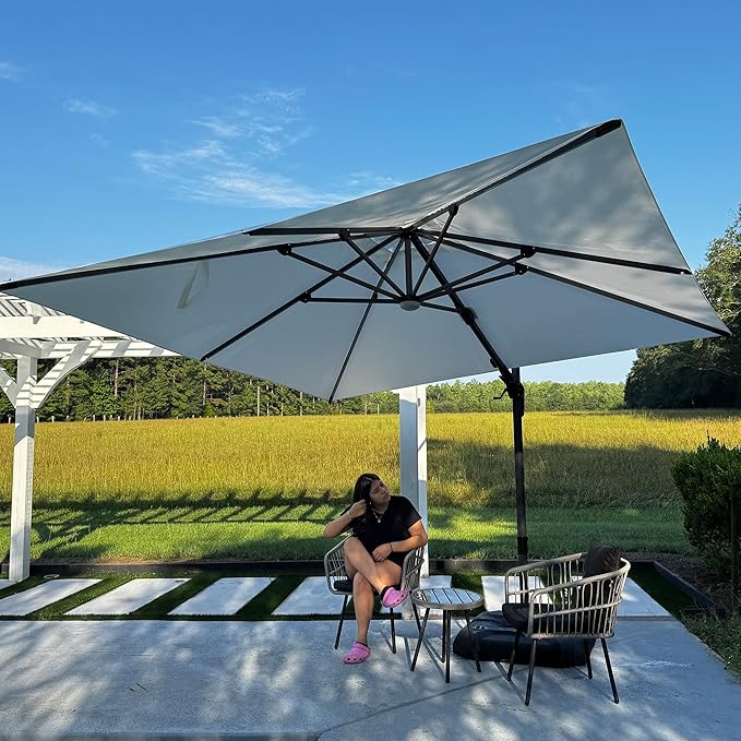PURPLE LEAF 10 Feet Patio Umbrella with Base Outdoor Cantilever Solar Powered LED Swivel Square Umbrella Aluminum Offset Umbrella with 360-degree Rotation for Garden Deck Pool Patio White PURPLELEAF