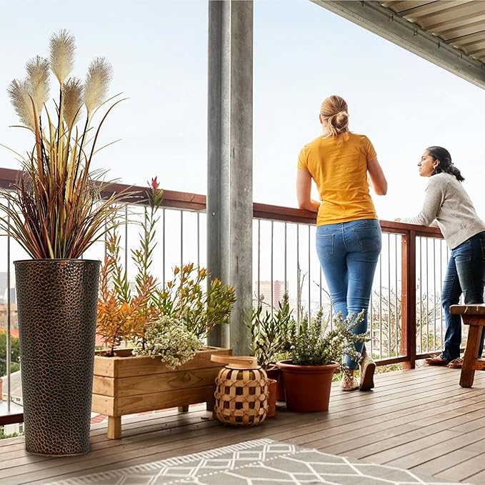 Worth 2 Pack 25" Tall Narrow Metal Planter with Inside Pot for Indoors or Outdoors, Deck, Patio or Front Porch, Hand-Hammered Texture, Bronze WORTH