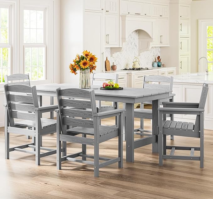 SERWALL Outdoor HDPE Dining Table Set, 7-Piece Outdoor Dining Table Sets with Umbrella Hole Cut-Out Table and 6 Chairs, Light Gray SERWALL