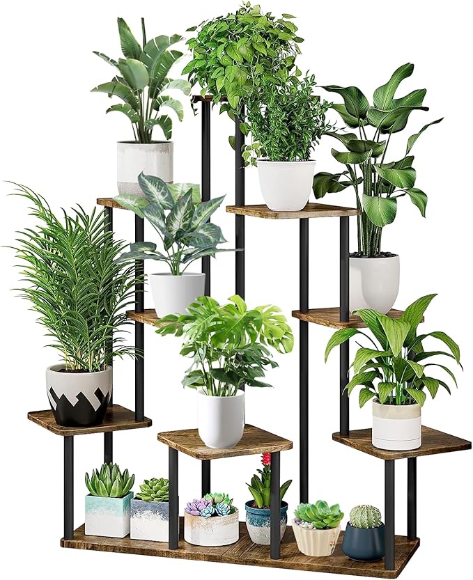 9 Tier Wood Tall Plant Stand Metal Rack Indoor, Multiple Flower Pot Holder Shelves Corner Rack, Planter Shelf Display Rack Storage Organizer for Patio Living Room Balcony Garden(Black) YOCOMEY