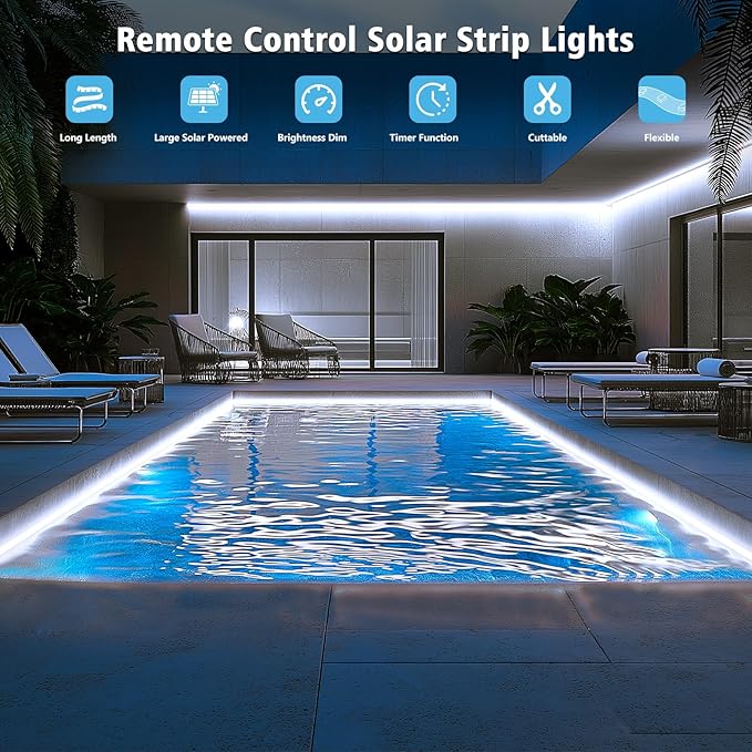 DBFAIRY 50Ft Solar LED Strip Lights Outdoor, Large Capacity Solar Powered Flexible Tape Lights with Remote Dimmable 8 Lighting Modes for Patio Pool Camping Decor, 6000K Cool White DBFAIRY