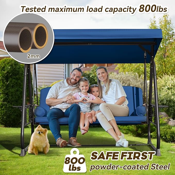 3 in 1 Outdoor Porch Swing with Adjustable Canopy, 3 Seat Outdoor Swing for Adults, Patio Swing Chair with Thickened Cushions,Pillows & Cup Holders for Backyard, Porch, Garden (Blue) YALISSEY