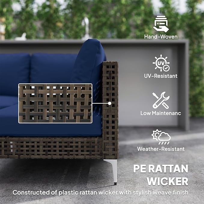 Outsunny 7 Piece Wicker Patio Furniture Set, Modular Outdoor Sectional with Thickened Cushions, Rattan Outdoor Furniture Conversation Set with Slatted Acacia Wood Table for Backyard, Brown/Dark Blue Outsunny