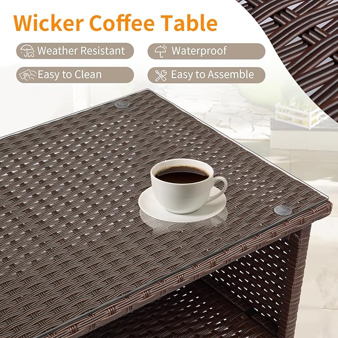 VINGLI Outdoor Wicker CoffeeTable Patio Coffee Tables for Outside, Tempered Glass Top Wicker Table with Storage Coffee Table for Patio Balcony Porch Deck (Brown) VINGLI