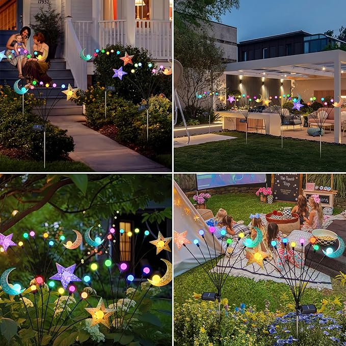 TAKE ME Solar Firefly Lights Outdoor Moon Star Sun Projection Stake Lights - Waterproof Solar Powered Garden Lights for Pathway, Yard, Patio Decor Color Changing TAKEME