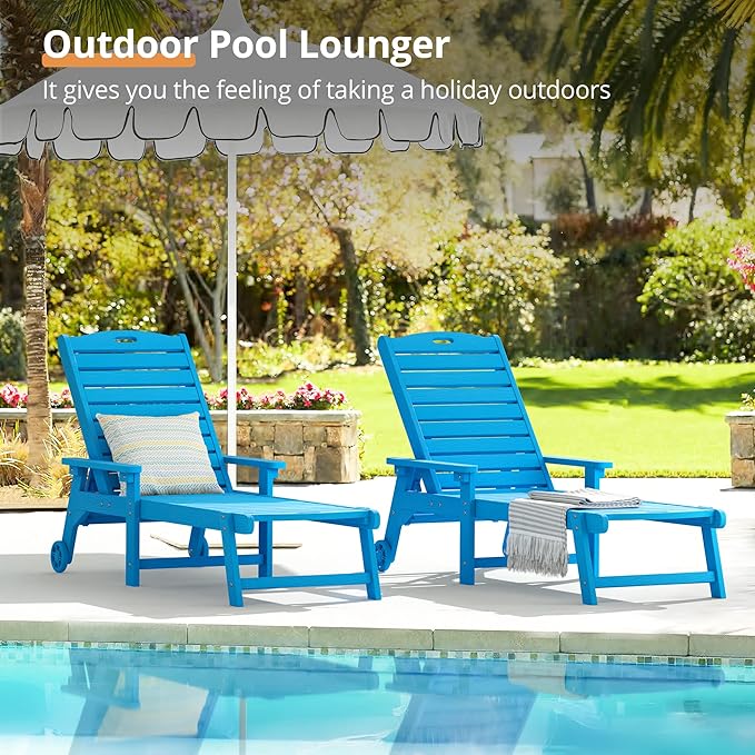 LUE BONA Outdoor Chaise Lounge Chairs Set of 2, 79'' Oversized HDPS Chaise Lounger, 5 Positions Adjustable Lounge Chairs, Pool Lounge Chair with Wheels for Poolside,3 Year Warranty, Blue LUEBONA