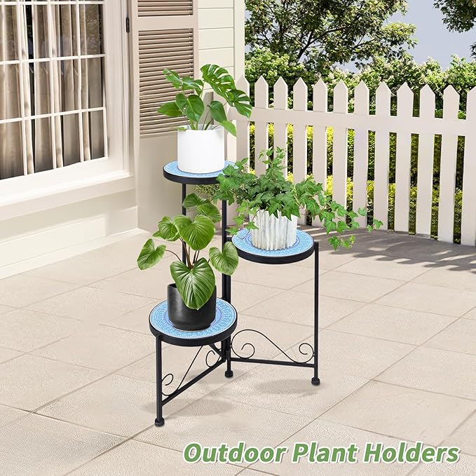 Plant Stand Indoor 3 Tie Mosaic Metal Corner Shelf Outdoor Plant Pot Holder Folding Storage Corner Table Plant Shelves for Living Room Chonsun