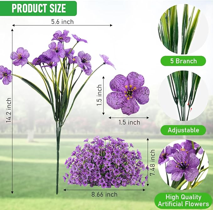 60 Pack Artificial Flowers for Outdoor Indoor Fake Plants, Faux Silk Flowers for Outdoors Outside Front Porch Hanging Planter Window Box Garden Spring Decoration(Purple) Powbrace