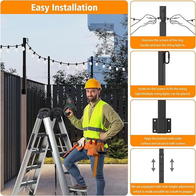 AILBTON 10 Pack 2.8Ft String Light Poles,Light Poles for Outside String Lights,Outdoor Light Poles with Fence Bracket,Metal Pole Stand for Patio,Backyard,Deck AILBTON