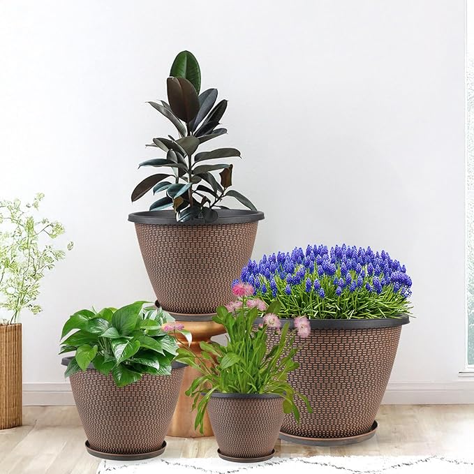 16 inch Plant Pots, Large Planters for Outdoor Plants Set of 4, Round Plastic Flower Pots with Drainage Holes & Trays, Modern Decorative Indoor Garden Pot, Plant Container for House (Black Copper) Svxtoby