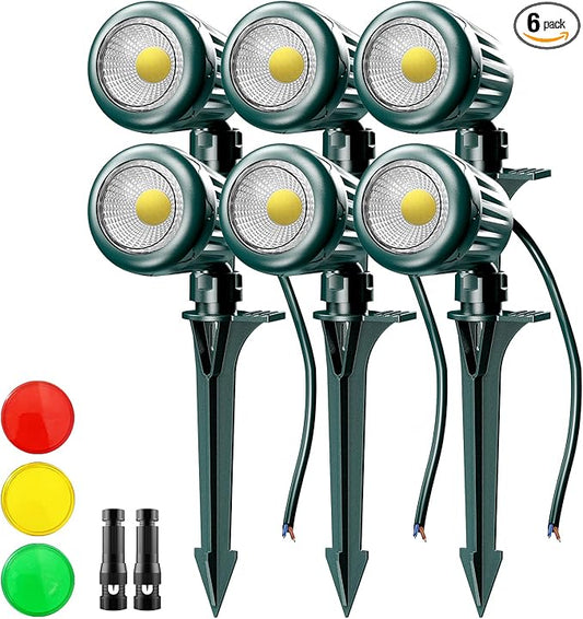 12V24V Low Voltage Landscape Lights Outdoor,6000K White LED Landscape Lights with 3 Color Lenses (Red,Yellow,Green),IP67 Waterproof Outdoor Spot Lights for Garden Passage Wall Tree Fence,6 Pack Rootora