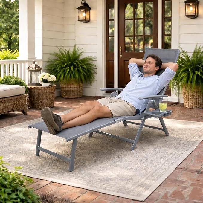 Kozyard Aluminum Outdoor Chaise Lounge Chair, Adjustable Reclining Patio Lounge with Drink Holder, Weather-Resistant Pool, Deck & Yard Recliner,Assemble-Free (Gray, 2Chairs) Kozyard