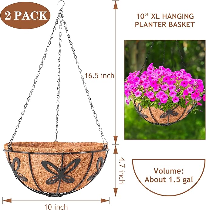 Hanging Baskets Planter for Plants, 2 Pack 10 Inch Round Metal Wire Hanging Flower Pots with Coco Coir Liner Chain, Plant Holder for Home Garden Balcony Decor ARVINKEY