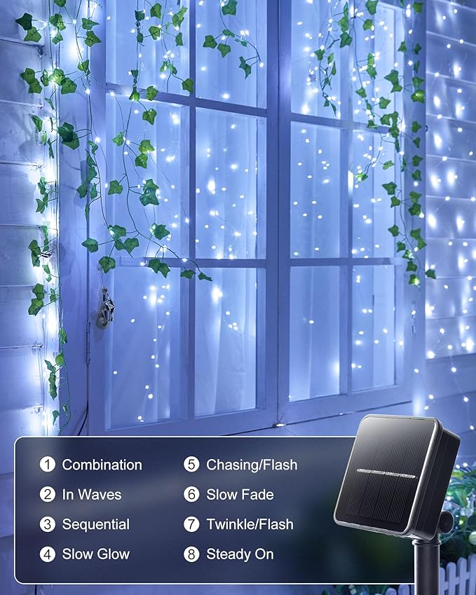 Minetom Solar String Lights for Outside, 33Ft 100 LED Outdoor Solar Fairy Lights, 8 Modes Balcony Lights for Tree Patio Christmas Party Wedding Decor (Pure White) Minetom