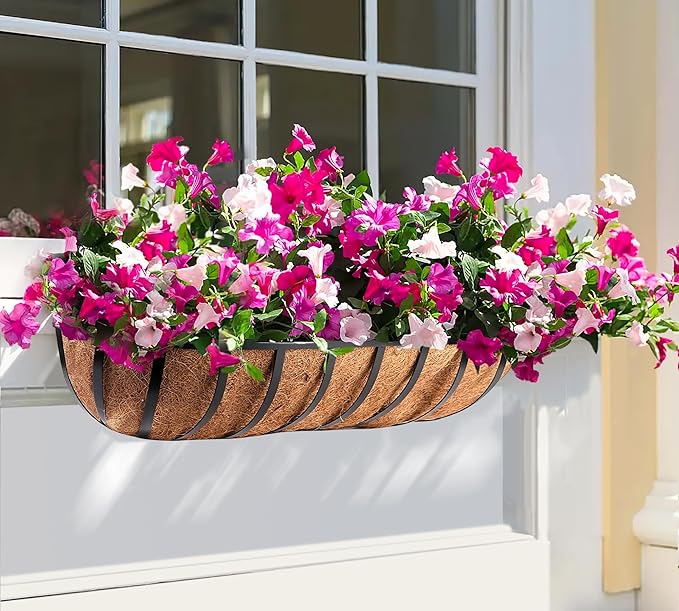 Y&M 4pcs 24 Inch Window Deck with Coco Liner, 24" Window Boxes Horse Trough with Coconut Coir Liner, Black Metal Hanging Flower Planter Window Basket Deck Railing Planter Boxes for Outdoor Indoor YM